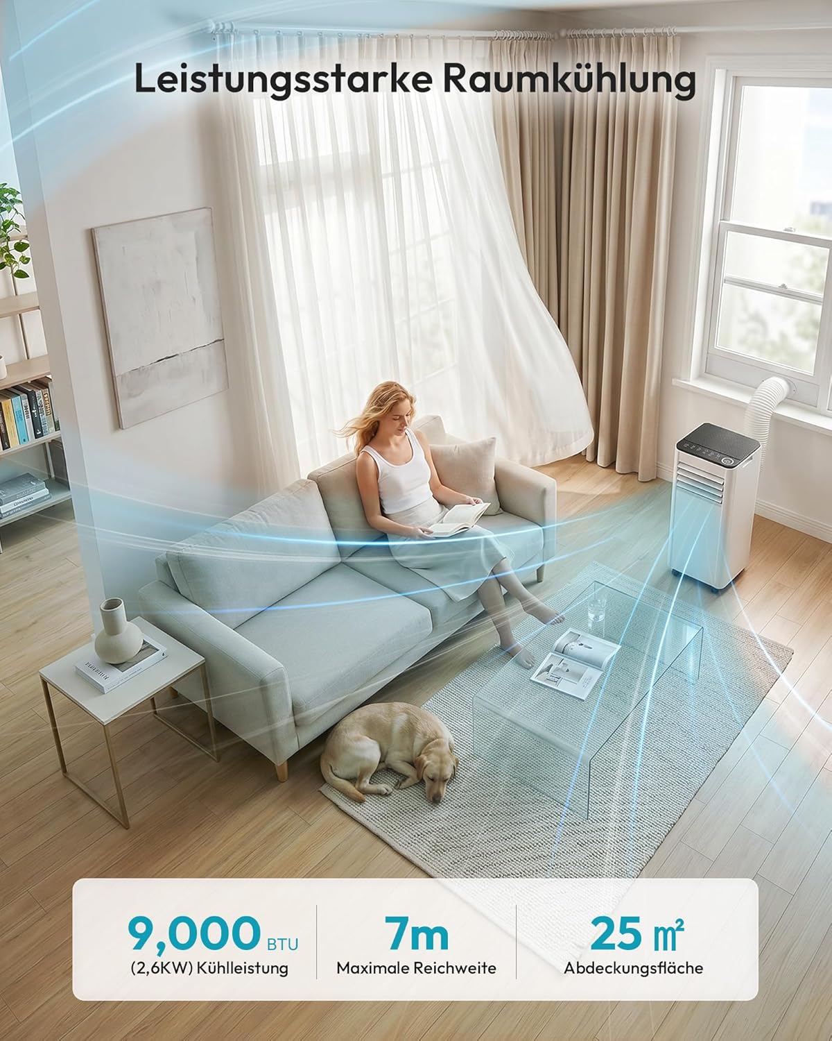 Mobile Klimaanlage 9000 BTU mit Abluftschlauch | 4-in-1 Mobiles Klimagerät | Leiser Betrieb | Digitaldisplay + Fernbedienung | Fenster-Installationsset | 24h-Timer | Für Räume bis 25 m²