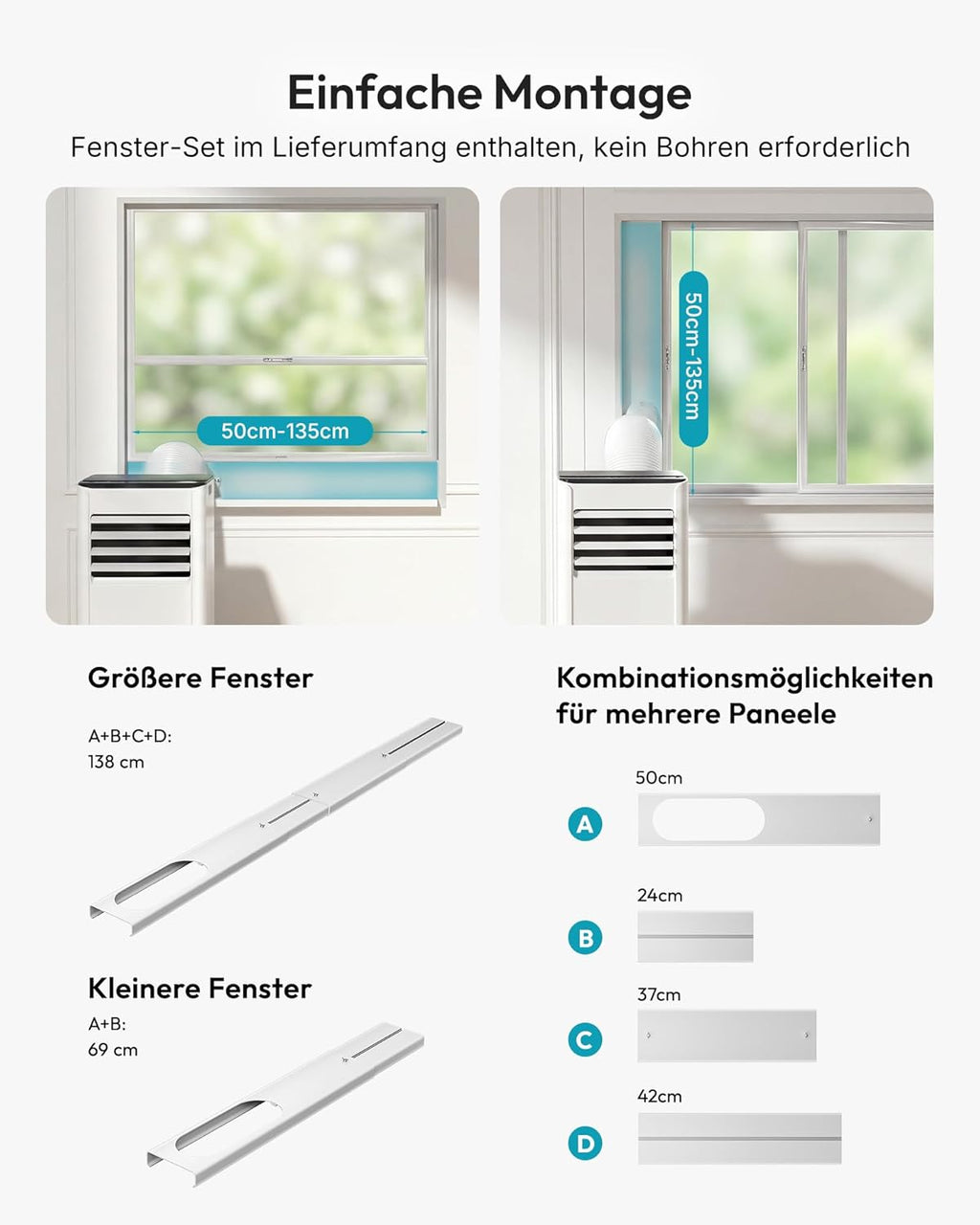 Mobile Klimaanlage 9000 BTU mit Abluftschlauch | 4-in-1 Mobiles Klimagerät | Leiser Betrieb | Digitaldisplay + Fernbedienung | Fenster-Installationsset | 24h-Timer | Für Räume bis 25 m²