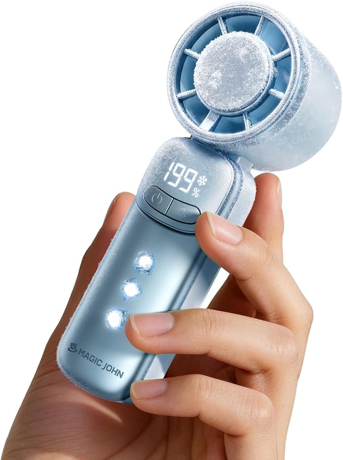 M-JOHN  Mini Handventilator mit Kühlung (Weiß) | 199 Lüfterstufen 11h Laufzeit Akku aufladbar 139g